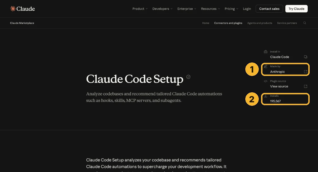 Claude Code Setup on claude.com: Made by Anthropic marked 1, installs marked 2