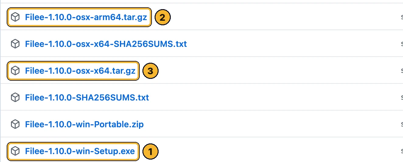 Filee release files: win-Setup.exe marked 1, osx-arm64 marked 2, osx-x64 marked 3