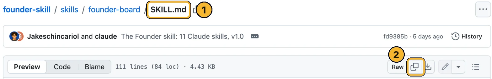 GitHub file page: SKILL.md marked 1 and the copy button marked 2