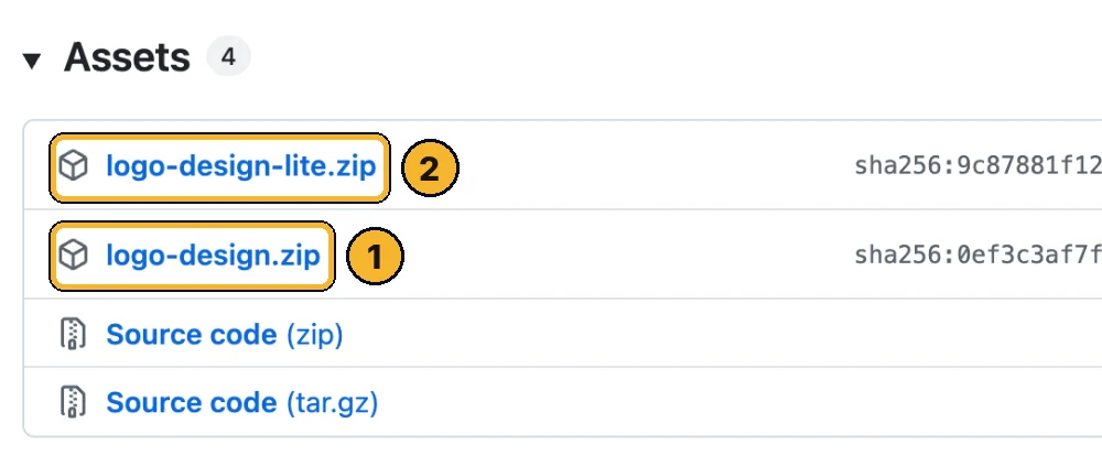 Release files: logo-design.zip marked 1 and logo-design-lite.zip marked 2