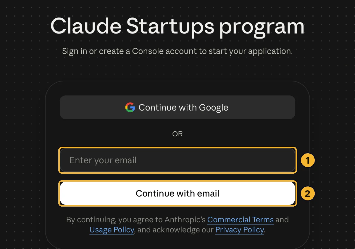 Claude Startups program sign-in: email box marked 1, Continue with email marked 2