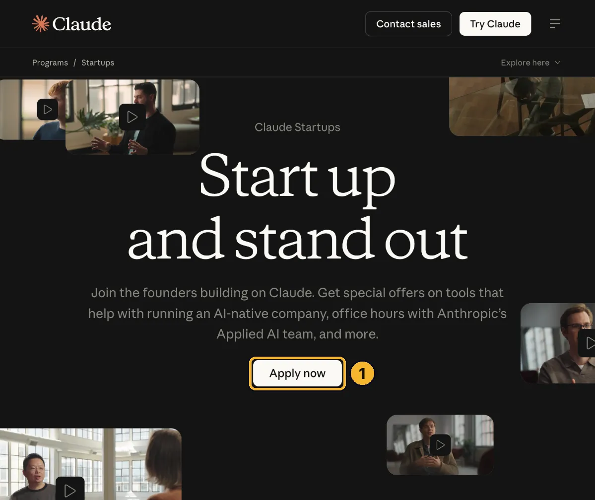Claude Startups page with the Apply now button marked 1